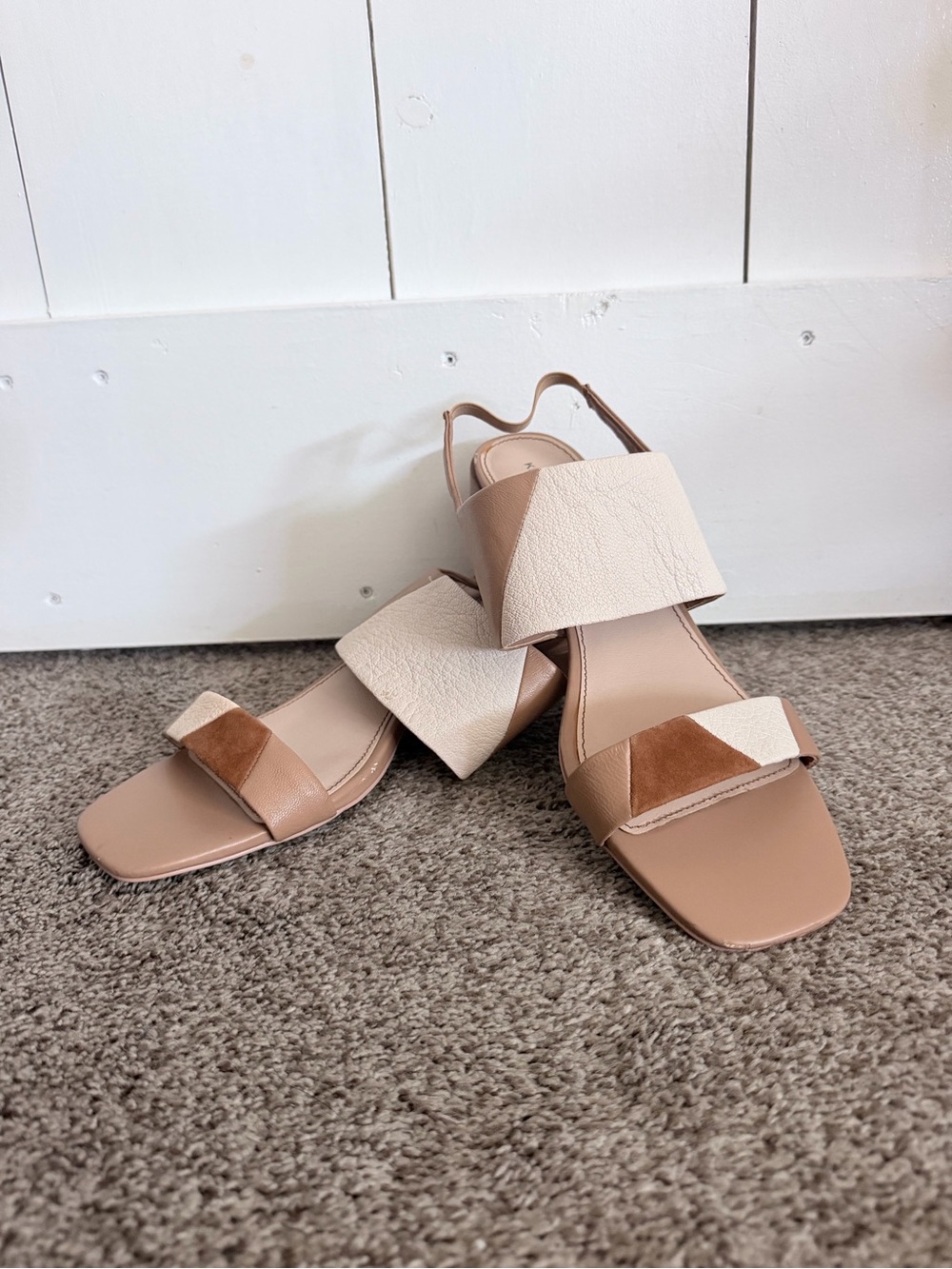 Kelsi Dagger Two-Tone Cream and Beige Square-Toe Sandals